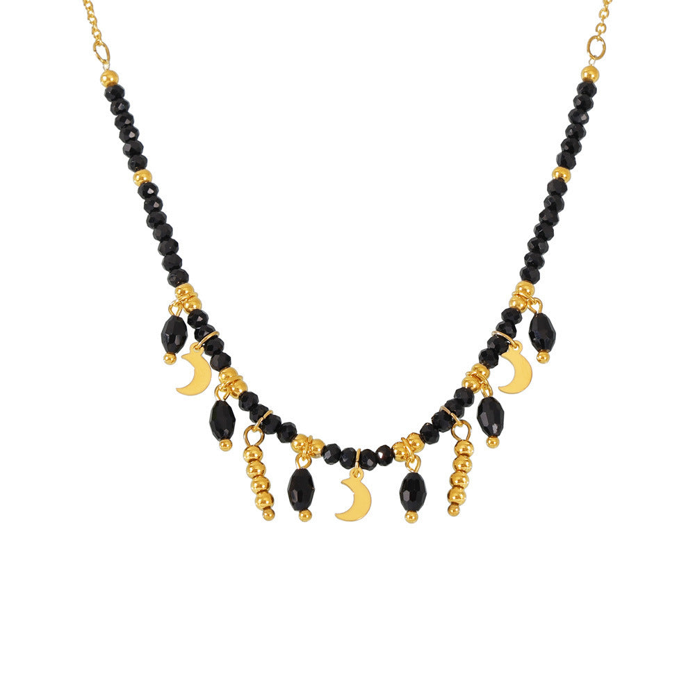 Black Crystal Stainless Steel Tassel Moon Collarbone Necklace Mystical Dark Aesthetic