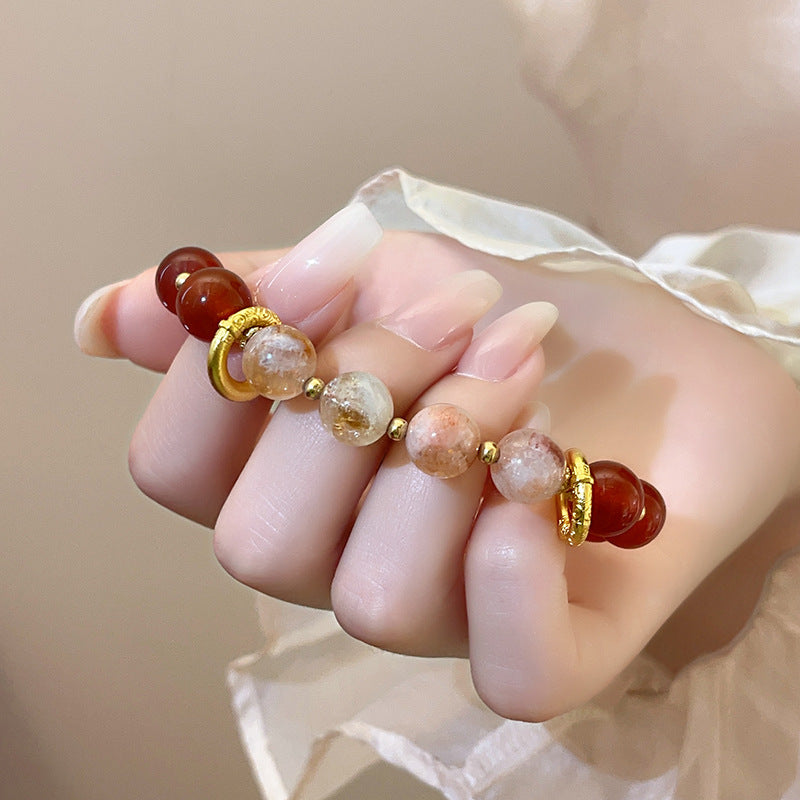 Red Agate Round Beaded Elastic Bracelet