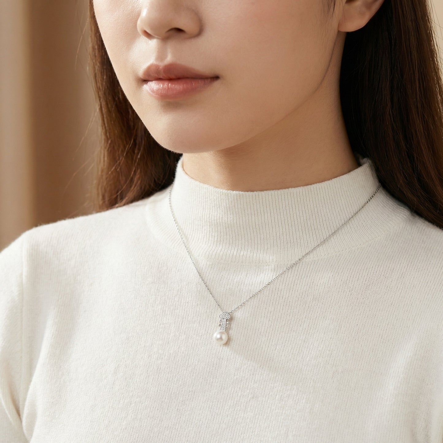 925 Sterling Silver Elegant Violin Scroll Pearl Pendant Necklace with Sparkling Accents