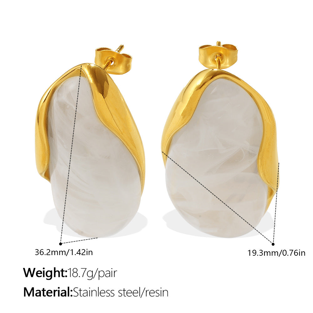 European And American Retro Irregular Amber Powder-white-blue Gradient-dyed Gold-edge Ear Ring, Non-fading, 18K Gold-plated, Exclusive Small-sized Earrings