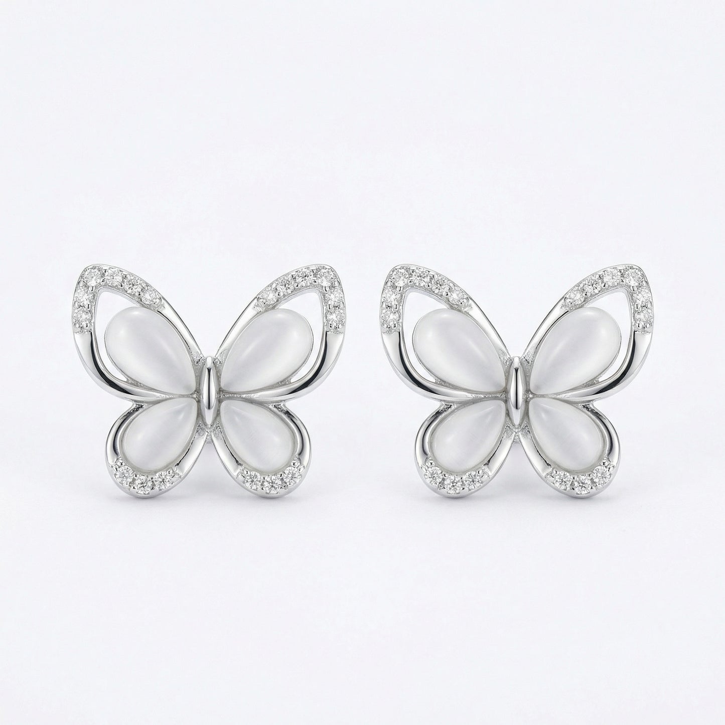 925 Sterling Silver Elegant Mother of Pearl and Sparkling Crystal Butterfly Stud Earrings in Sterling Silver