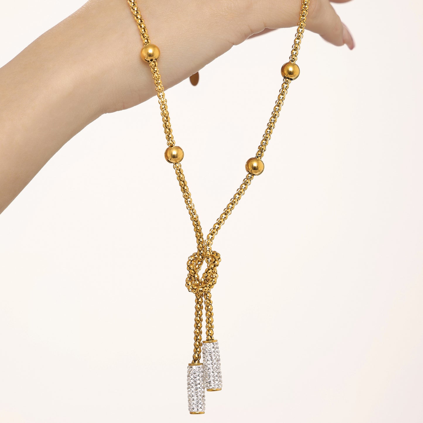 Stainless Steel Knotted Bead Long Clavicle Necklace Full Of Diamonds Sweater Chain