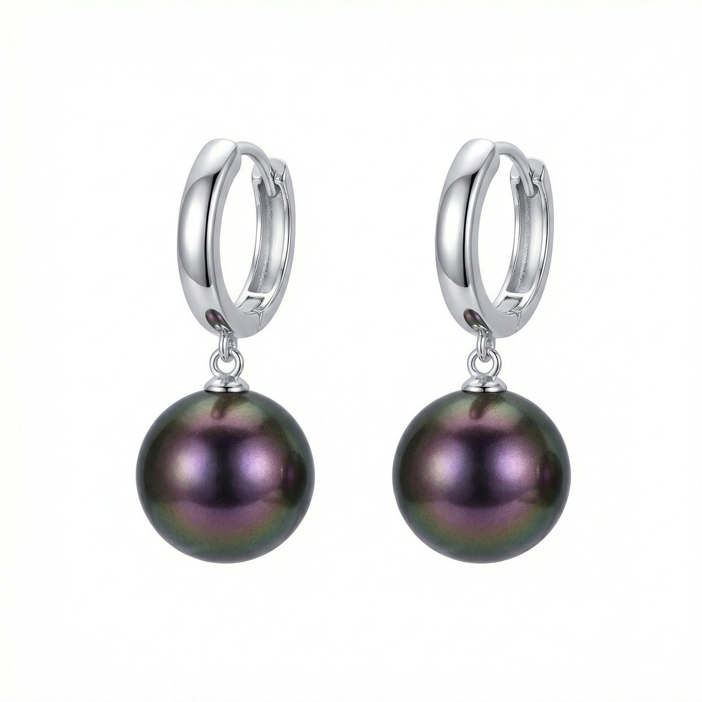 925 Sterling Silver Elegant Iridescent Black Pearl Huggie Hoop Drop Earrings