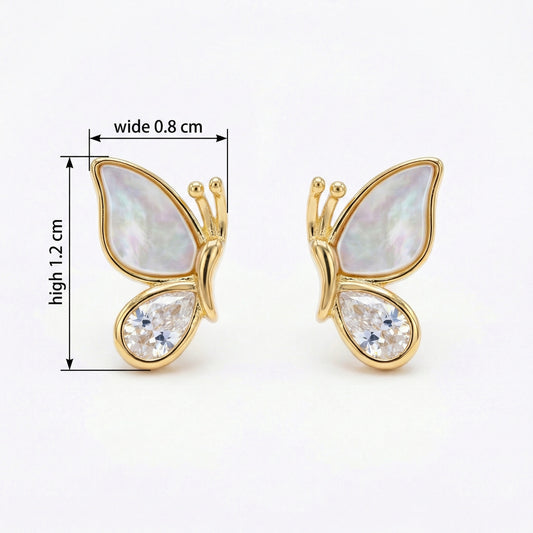 925 Sterling Silver Elegant Mother of Pearl and Sparkling Pear-Cut Crystal Butterfly Wing Stud Earrings