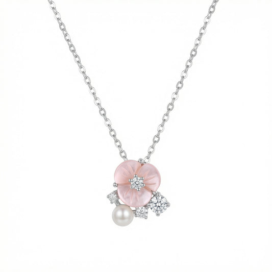 925 Sterling Silver Exquisite Sterling Silver Necklace with Pink Shell Flower, Pearl, and Shimmering Crystal Accents