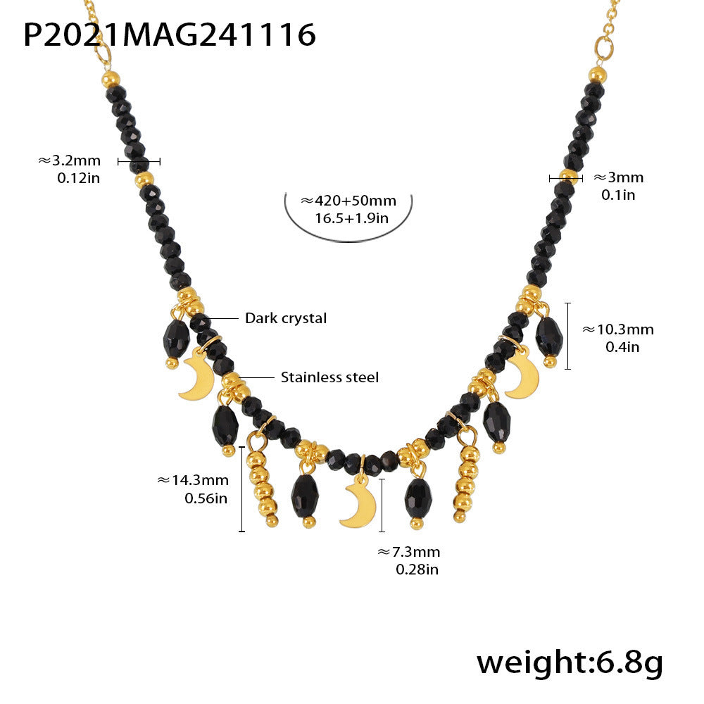 Black Crystal Stainless Steel Tassel Moon Collarbone Necklace Mystical Dark Aesthetic