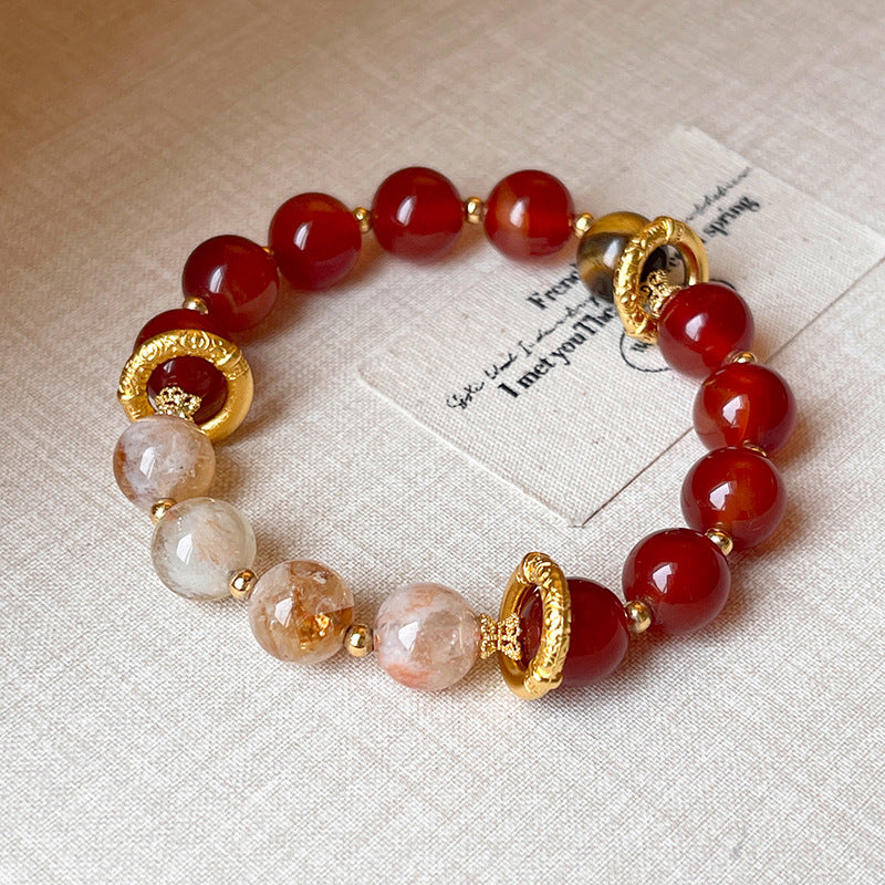 Red Agate Round Beaded Elastic Bracelet