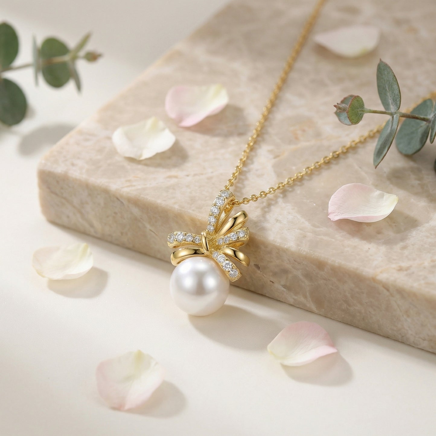 925 Sterling Silver Elegant Pearl Ribbon Pendant Necklace with Shimmering Stone Accents