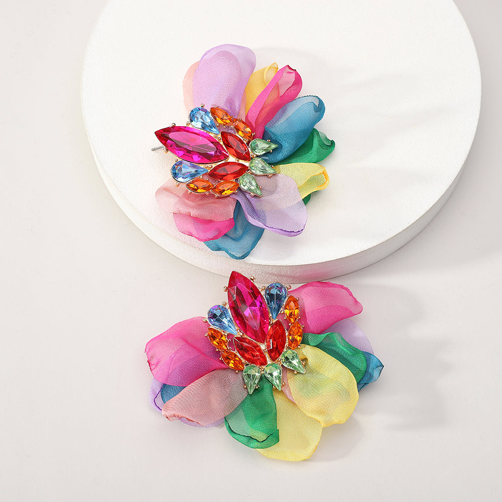 Colorful Sparkly Rhinestone Chiffon Flower Large Stud Earrings For Women Bold Statement Jewelry For Party Prom Vacation