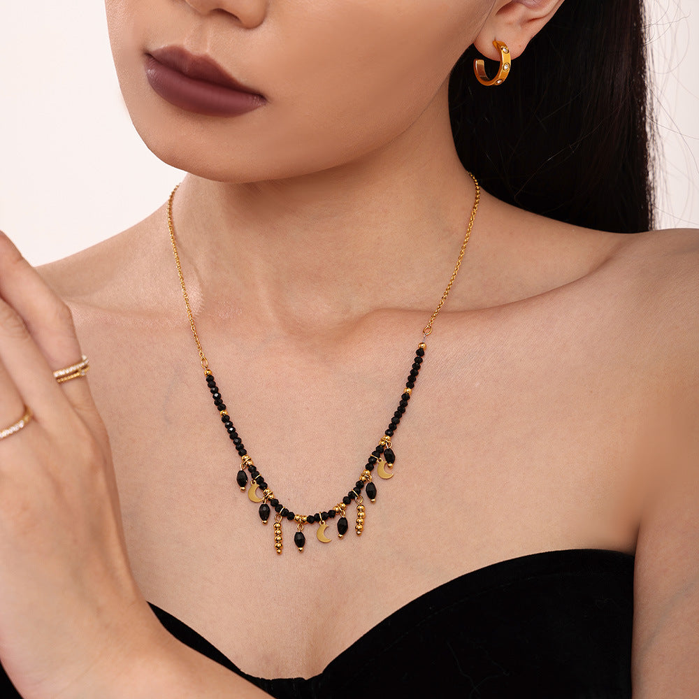 Black Crystal Stainless Steel Tassel Moon Collarbone Necklace Mystical Dark Aesthetic