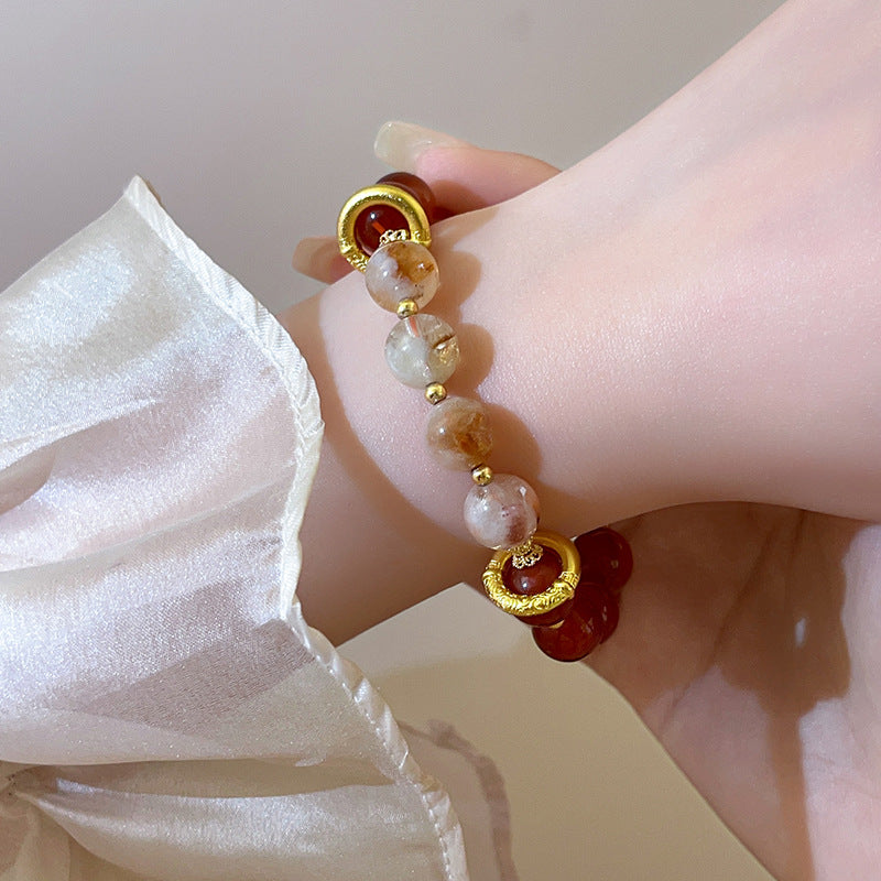 Red Agate Round Beaded Elastic Bracelet