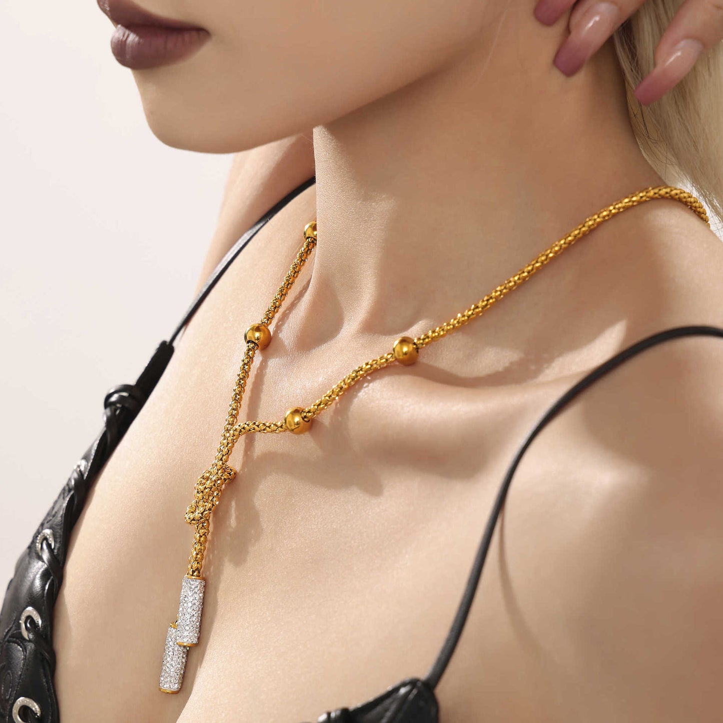 Stainless Steel Knotted Bead Long Clavicle Necklace Full Of Diamonds Sweater Chain