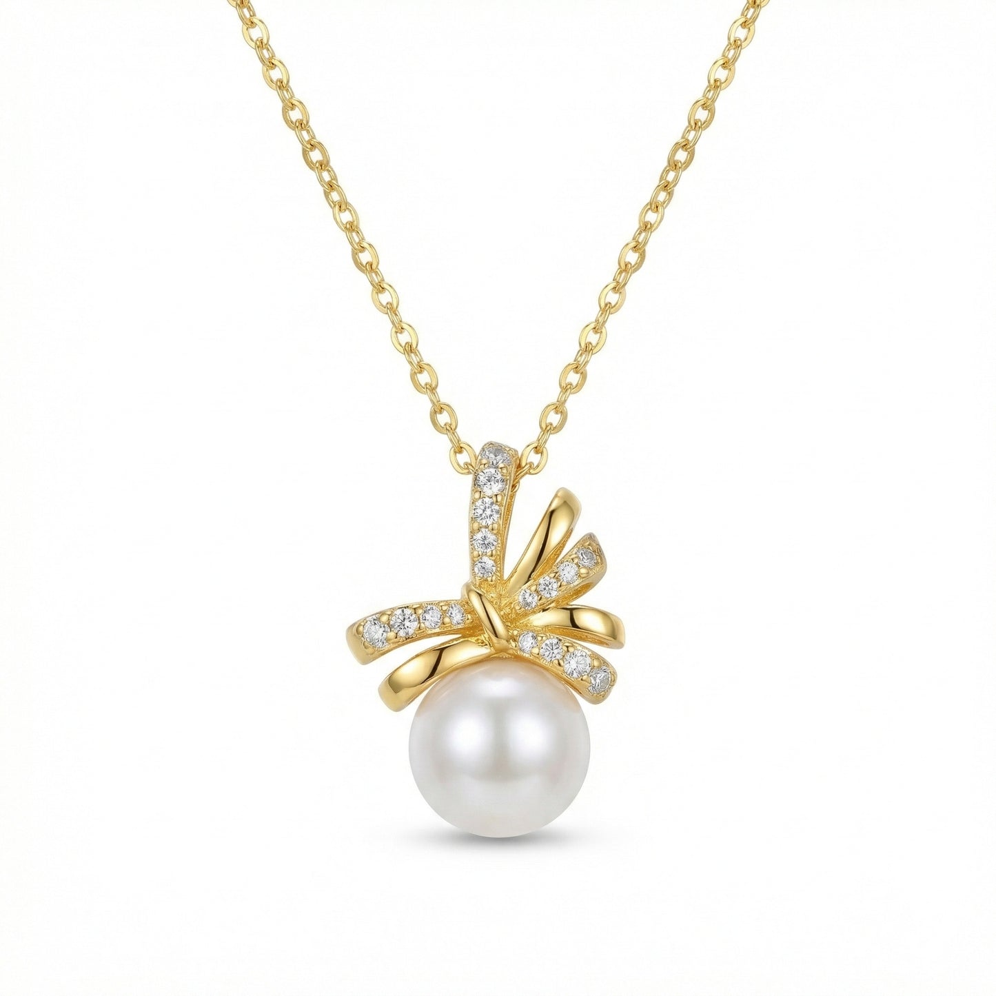 925 Sterling Silver Elegant Pearl Ribbon Pendant Necklace with Shimmering Stone Accents