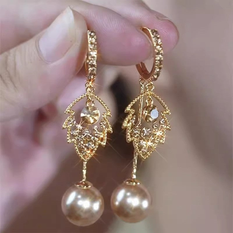 Tulip Petal Pearl Drop Earrings, Light Luxury French Style, Sparkling Zircon Elegant Ear Cuffs