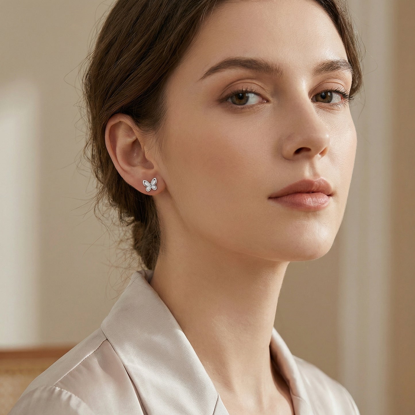 925 Sterling Silver Elegant Mother of Pearl and Sparkling Crystal Butterfly Stud Earrings in Sterling Silver