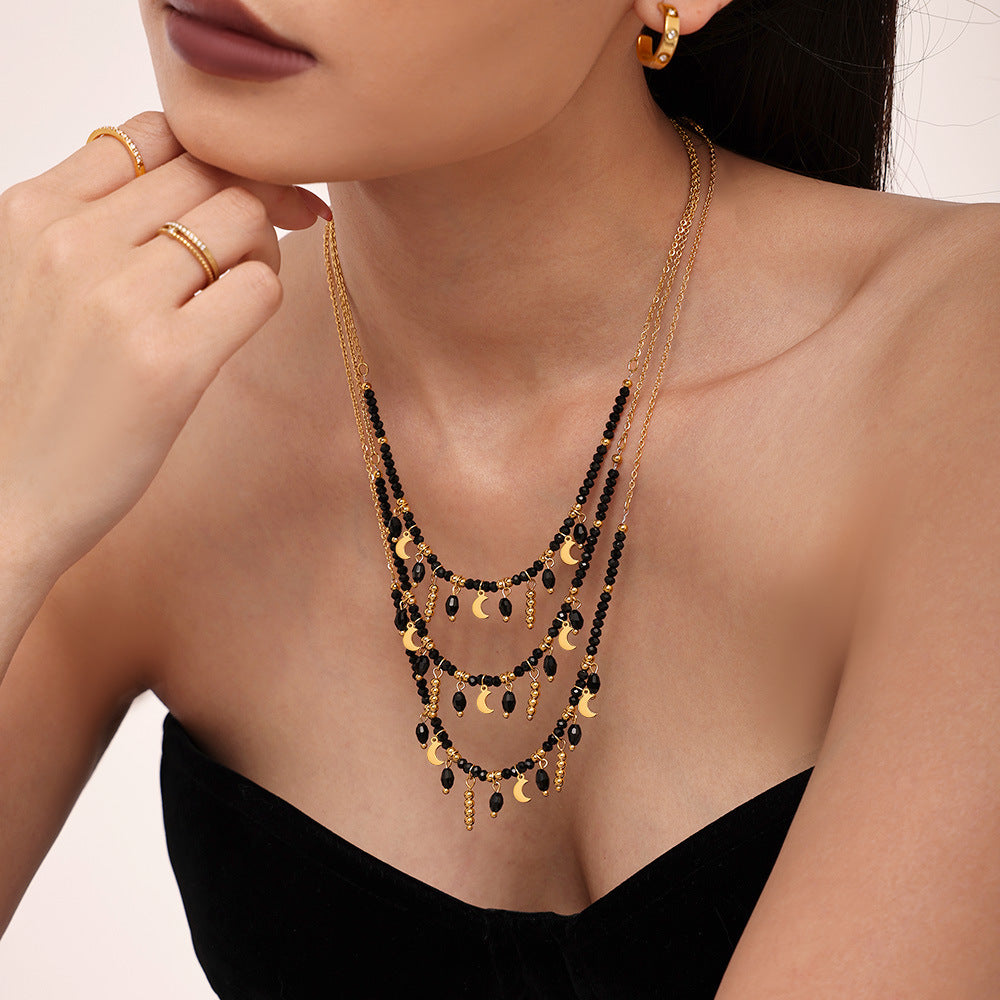 Black Crystal Stainless Steel Tassel Moon Collarbone Necklace Mystical Dark Aesthetic