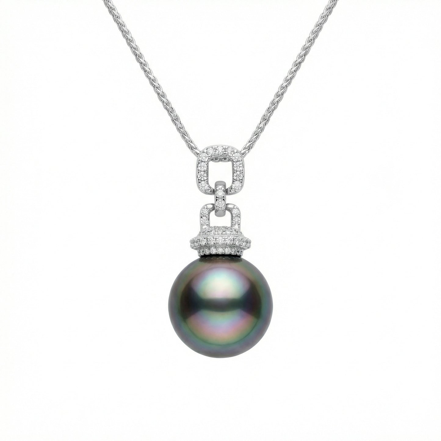 925 Sterling Silver Elegant Tahitian Black Pearl Pendant Necklace with Brilliant Diamond Accents