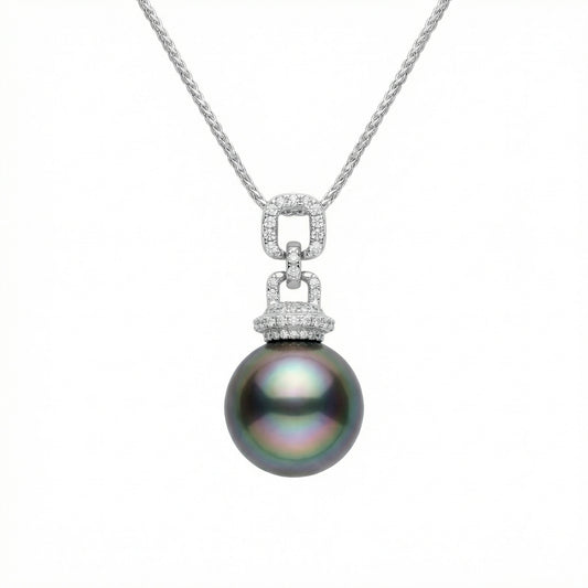 925 Sterling Silver Elegant Tahitian Black Pearl Pendant Necklace with Brilliant Diamond Accents