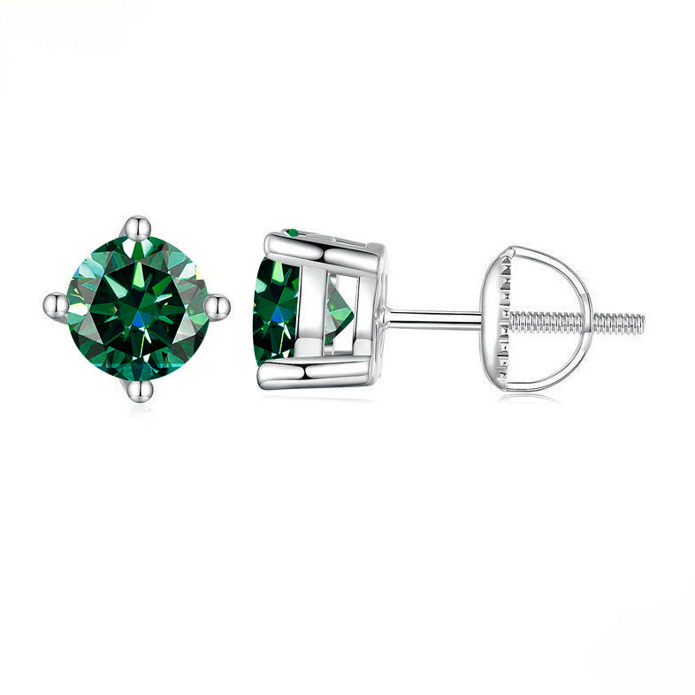 S925 Sterling Silver Green Four-claw Moissanite Stud Earrings