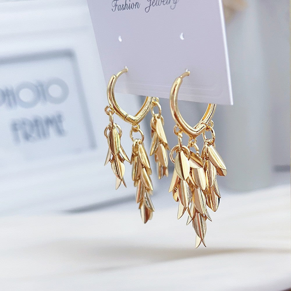 Light Luxury Golden Wheat Tassel Drop Earrings, Elegant Huggie Hoop Earrings, Niche Design