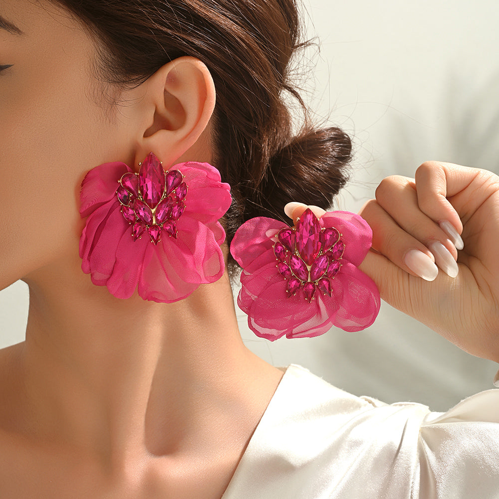 Colorful Sparkly Rhinestone Chiffon Flower Large Stud Earrings For Women Bold Statement Jewelry For Party Prom Vacation