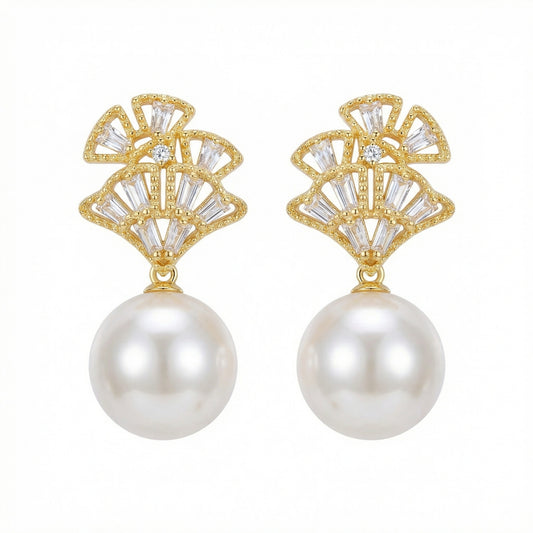 925 Sterling Silver Elegant Fan-Shaped Pearl Dangle Earrings with Sparkling Crystal Accents
