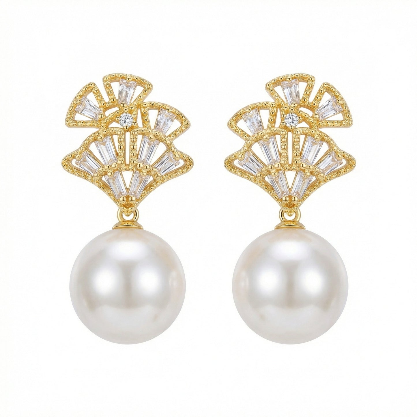 925 Sterling Silver Elegant Fan-Shaped Pearl Dangle Earrings with Sparkling Crystal Accents
