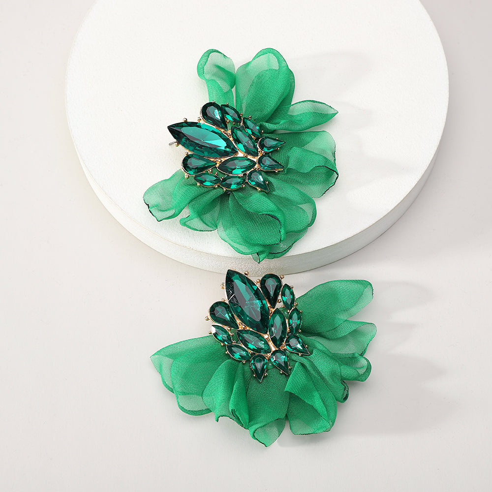 Colorful Sparkly Rhinestone Chiffon Flower Large Stud Earrings For Women Bold Statement Jewelry For Party Prom Vacation