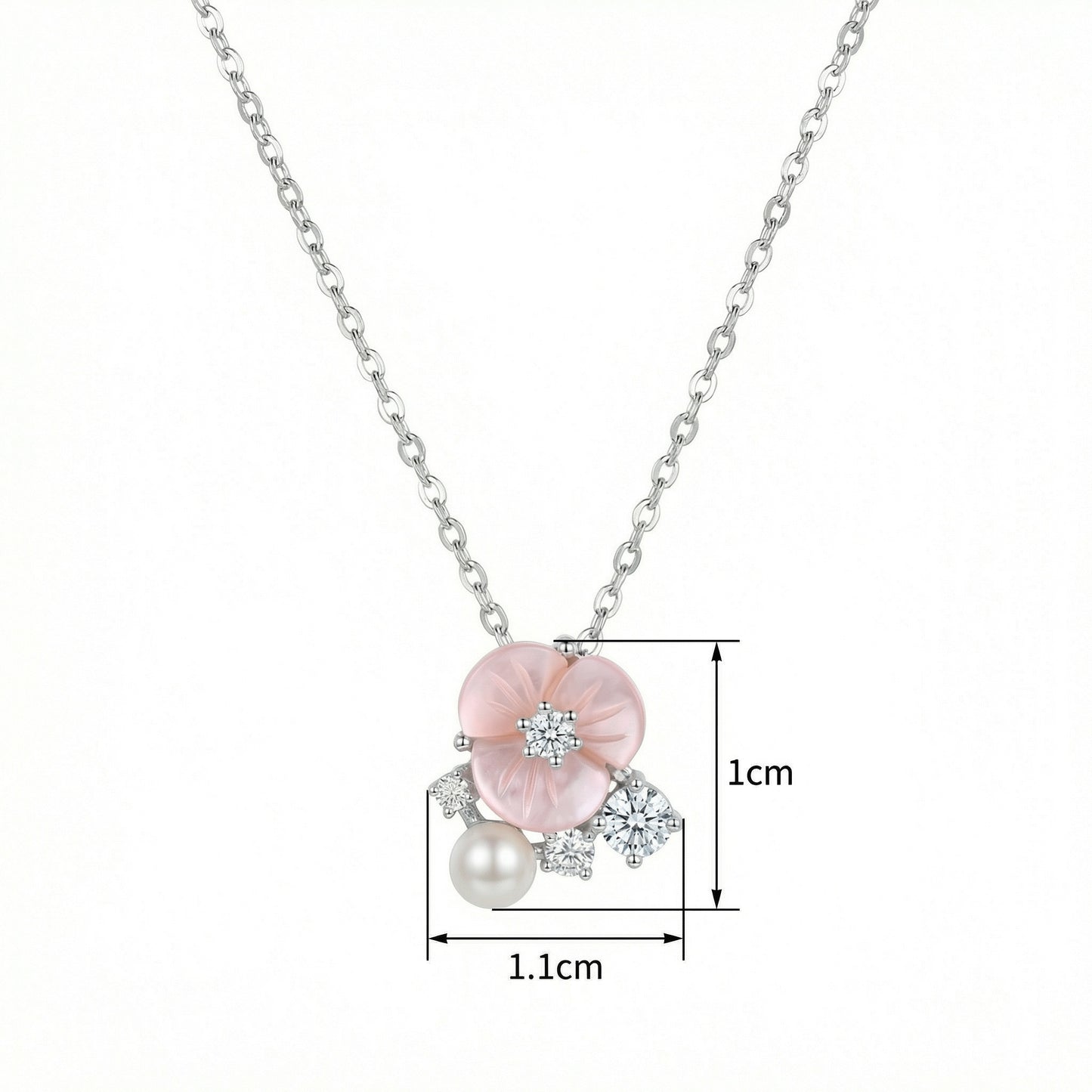 925 Sterling Silver Exquisite Sterling Silver Necklace with Pink Shell Flower, Pearl, and Shimmering Crystal Accents