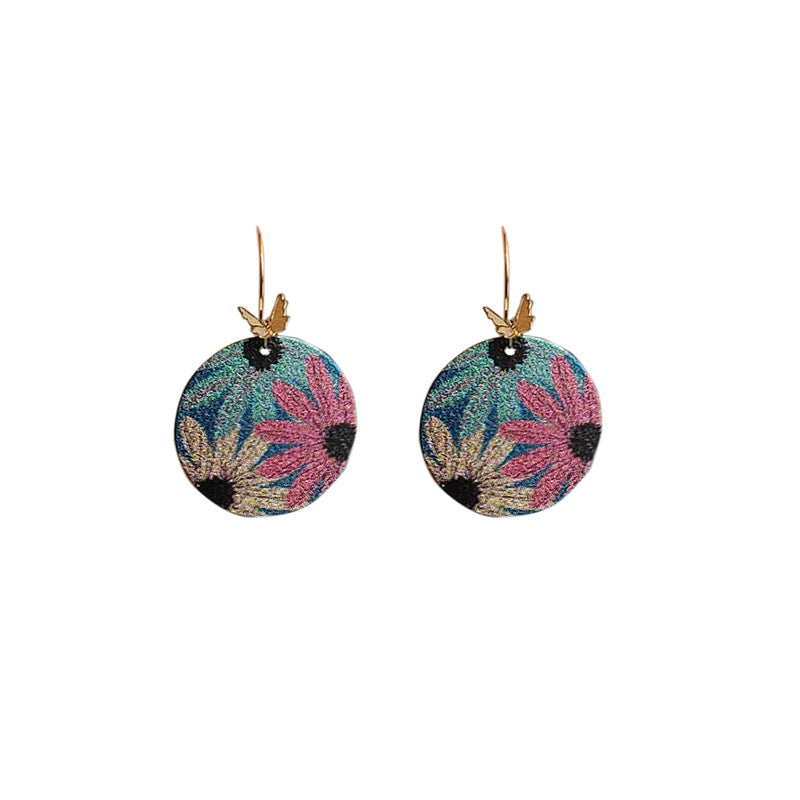 Real Gold-Plated Round Geometric Statement Earrings With Butterflies And Flowers