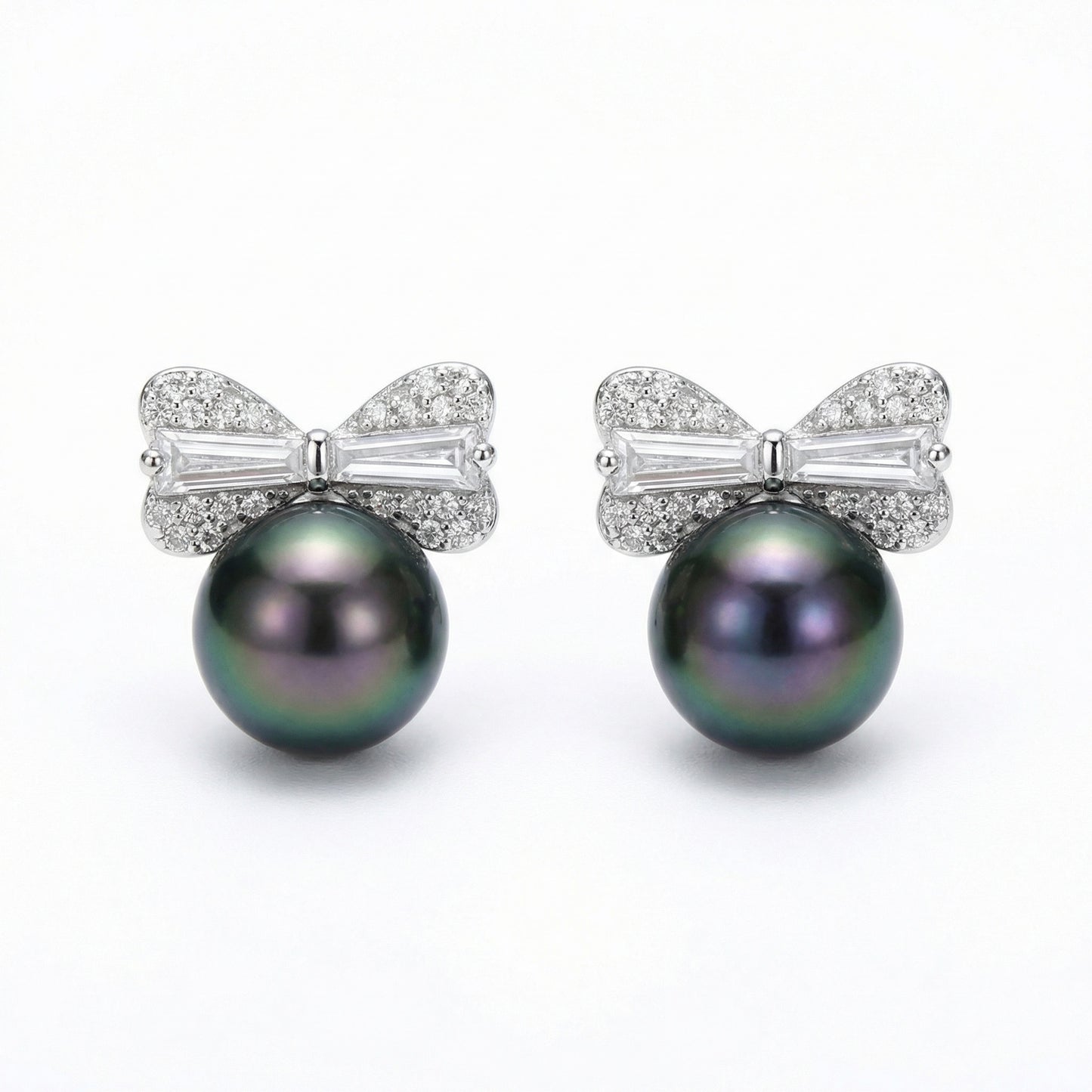 925 Sterling Silver Elegant Tahitian Pearl and Diamond Bow Stud Earrings