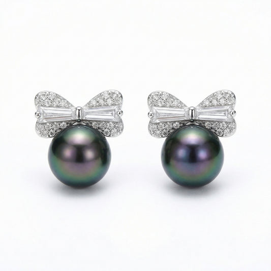 925 Sterling Silver Elegant Tahitian Pearl and Diamond Bow Stud Earrings