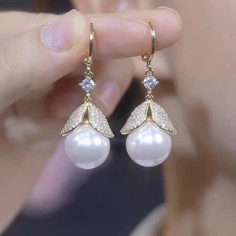 Tulip Petal Pearl Drop Earrings, Light Luxury French Style, Sparkling Zircon Elegant Ear Cuffs