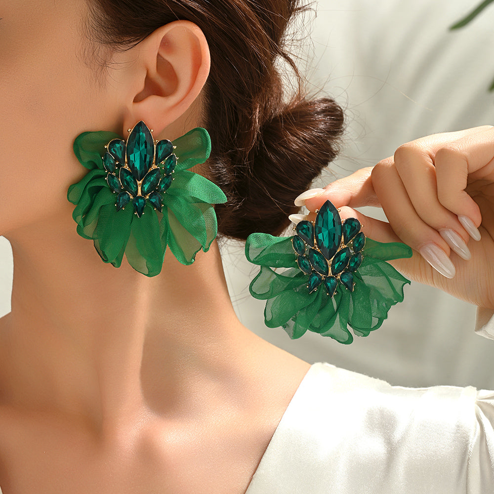 Colorful Sparkly Rhinestone Chiffon Flower Large Stud Earrings For Women Bold Statement Jewelry For Party Prom Vacation