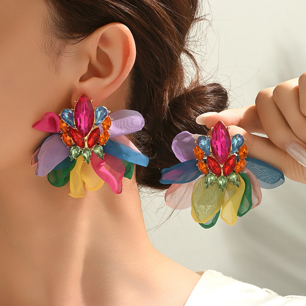 Colorful Sparkly Rhinestone Chiffon Flower Large Stud Earrings For Women Bold Statement Jewelry For Party Prom Vacation