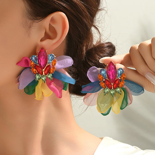 Colorful Sparkly Rhinestone Chiffon Flower Large Stud Earrings For Women Bold Statement Jewelry For Party Prom Vacation