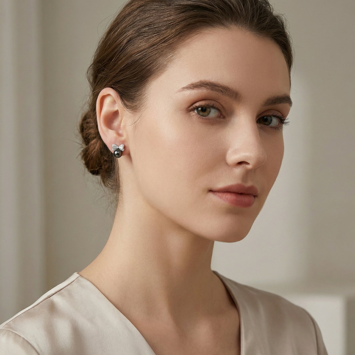 925 Sterling Silver Elegant Tahitian Pearl and Diamond Bow Stud Earrings