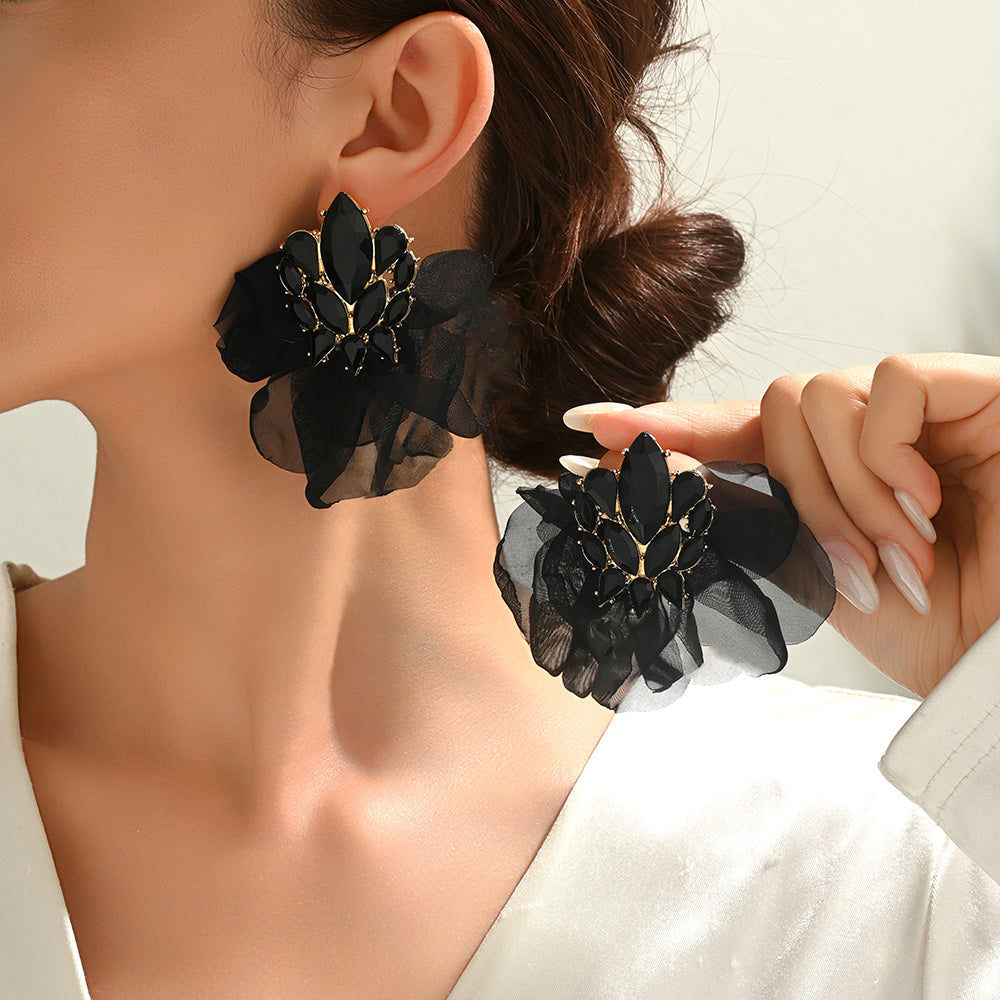 Colorful Sparkly Rhinestone Chiffon Flower Large Stud Earrings For Women Bold Statement Jewelry For Party Prom Vacation
