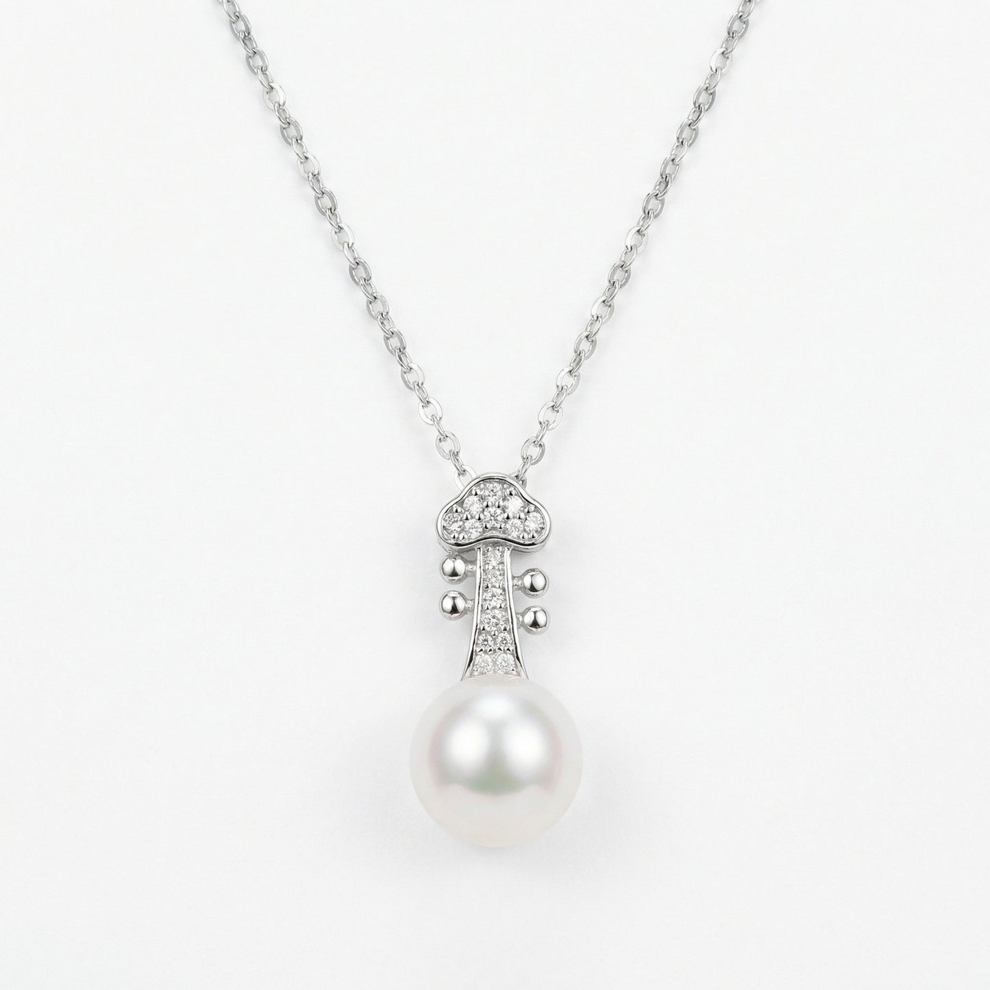 925 Sterling Silver Elegant Violin Scroll Pearl Pendant Necklace with Sparkling Accents