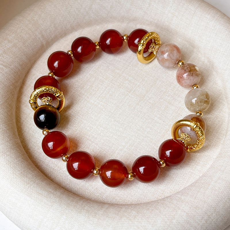 Red Agate Round Beaded Elastic Bracelet