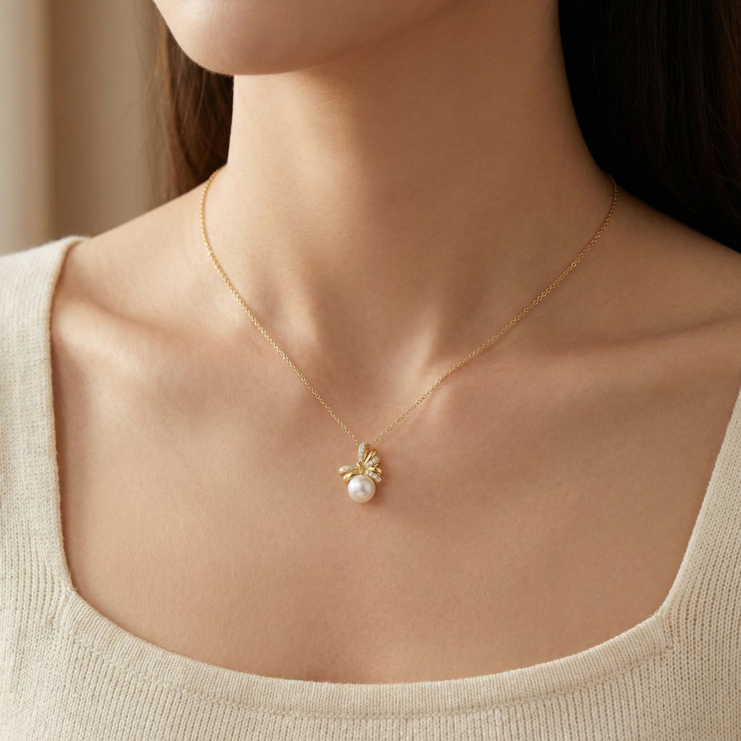 925 Sterling Silver Elegant Pearl Ribbon Pendant Necklace with Shimmering Stone Accents