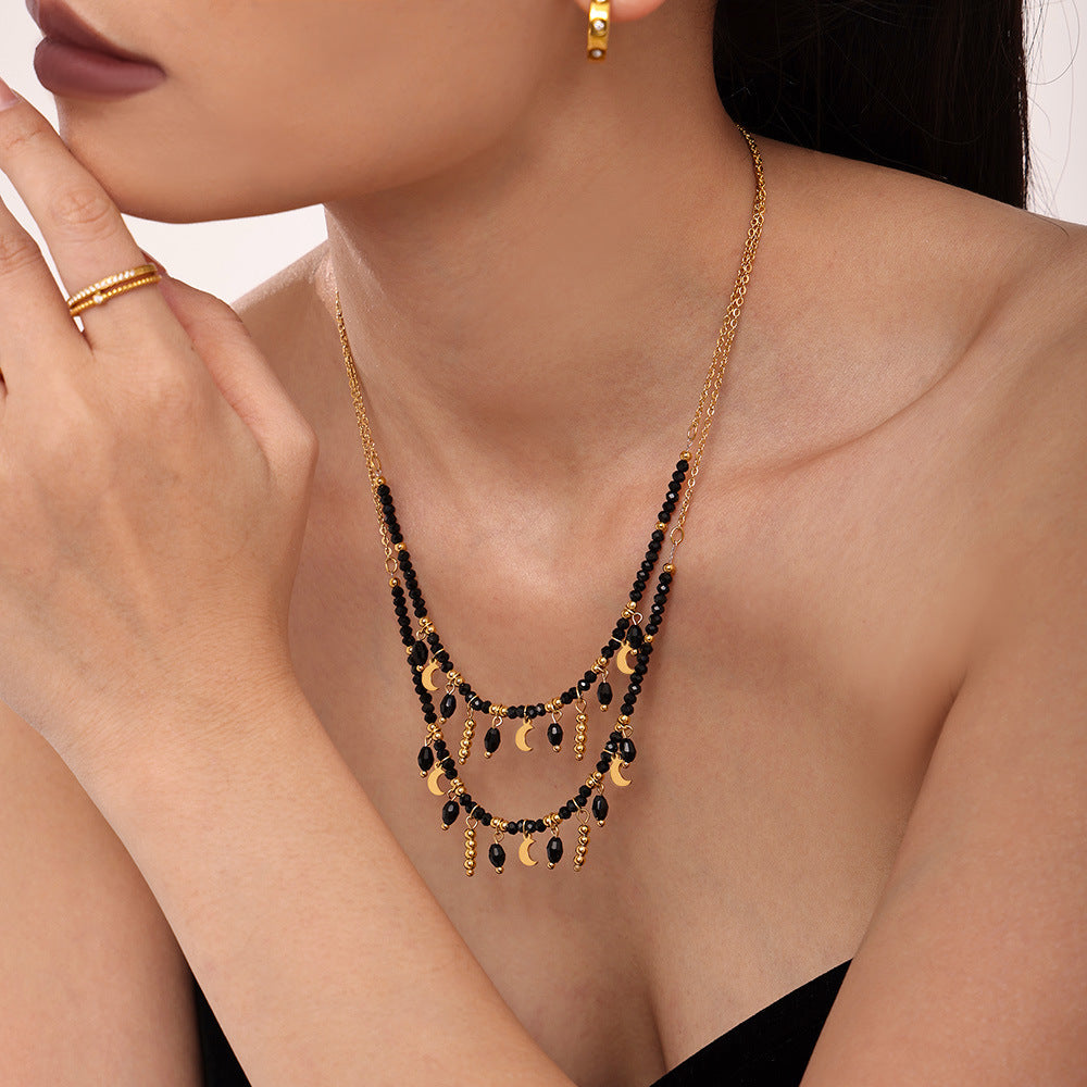 Black Crystal Stainless Steel Tassel Moon Collarbone Necklace Mystical Dark Aesthetic