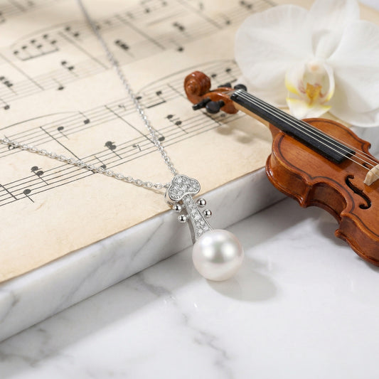 925 Sterling Silver Elegant Violin Scroll Pearl Pendant Necklace with Sparkling Accents