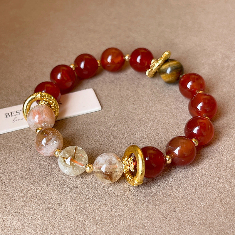 Red Agate Round Beaded Elastic Bracelet