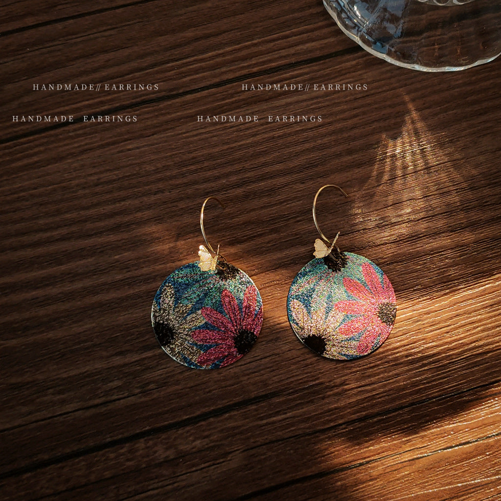 Real Gold-Plated Round Geometric Statement Earrings With Butterflies And Flowers