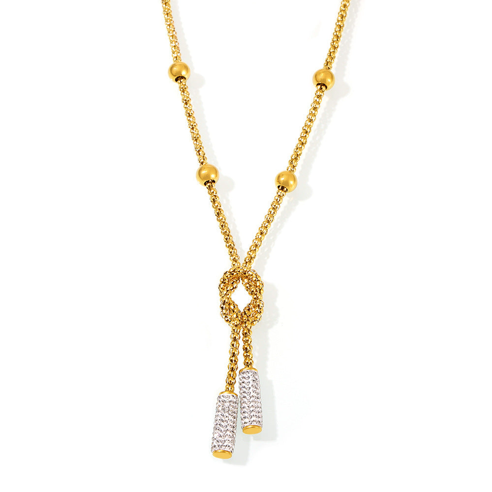 Stainless Steel Knotted Bead Long Clavicle Necklace Full Of Diamonds Sweater Chain