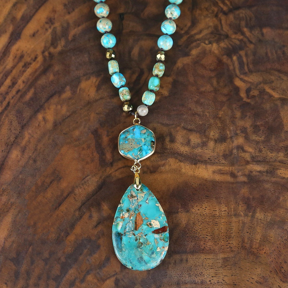 Natural Stone Beads String Rope Pendant Necklace