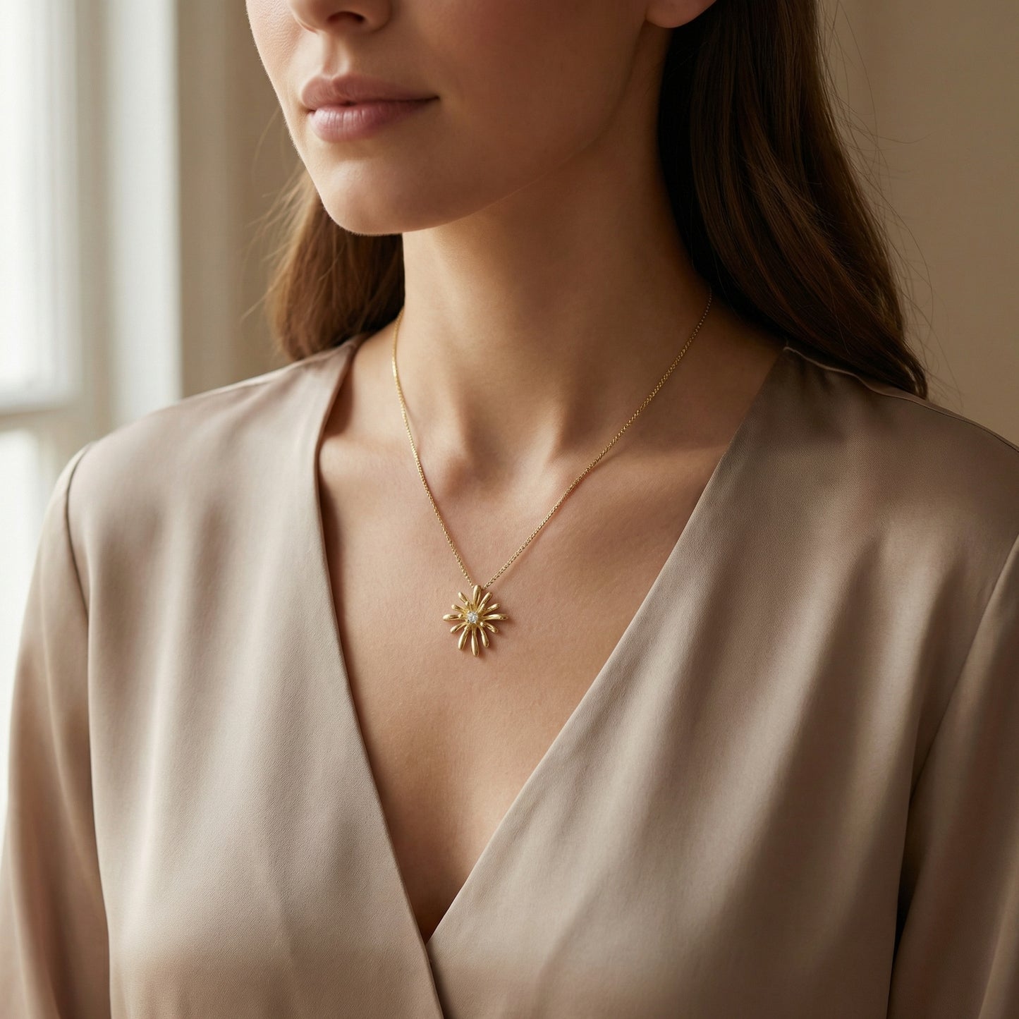 925 Sterling Silver Radiant Sunburst Pendant Necklace Featuring a Brilliant Round-Cut Central Gemstone