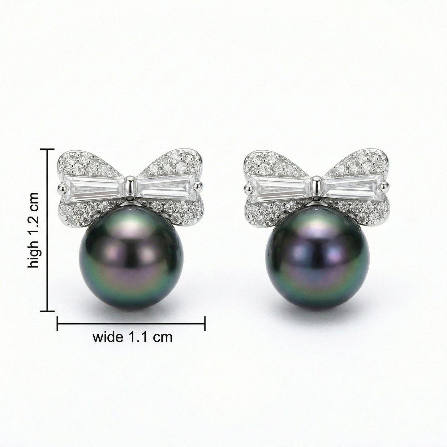 925 Sterling Silver Elegant Tahitian Pearl and Diamond Bow Stud Earrings
