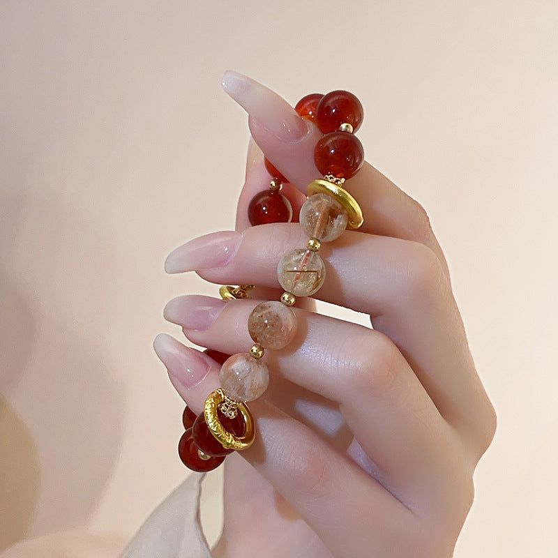 Red Agate Round Beaded Elastic Bracelet